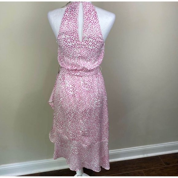 Express Pink Dot High Neck Halter Ruffle Asymmetrical Dress Waist Tie Size Small - Picture 3 of 10